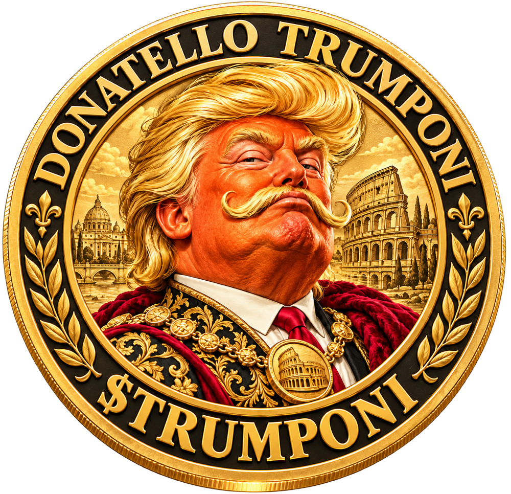 Golden commemorative medallion of Donatello Trumponi — bust, laurels and the words Donatello Trumponi, $TRUMPONI